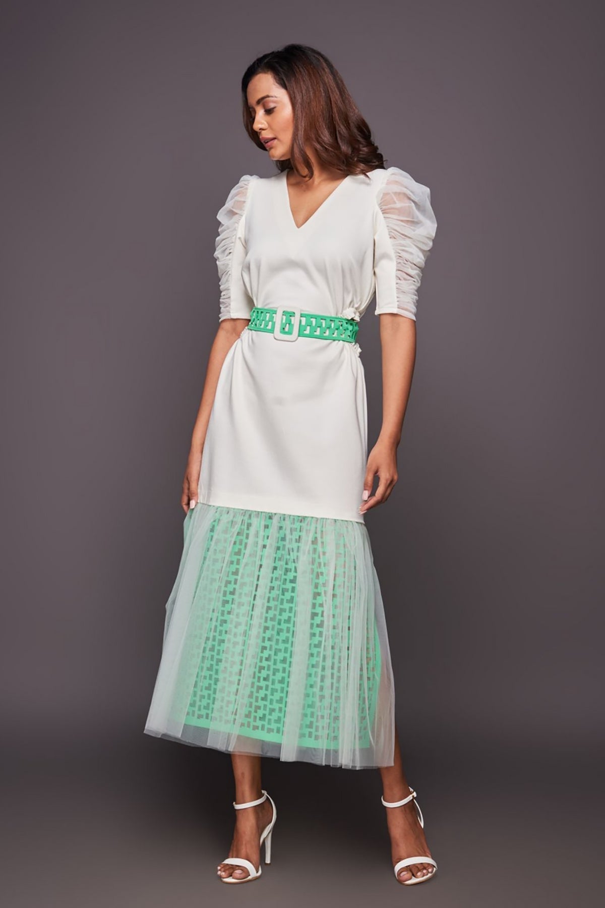 White Neon Bottom Cutwork Dress With Belt