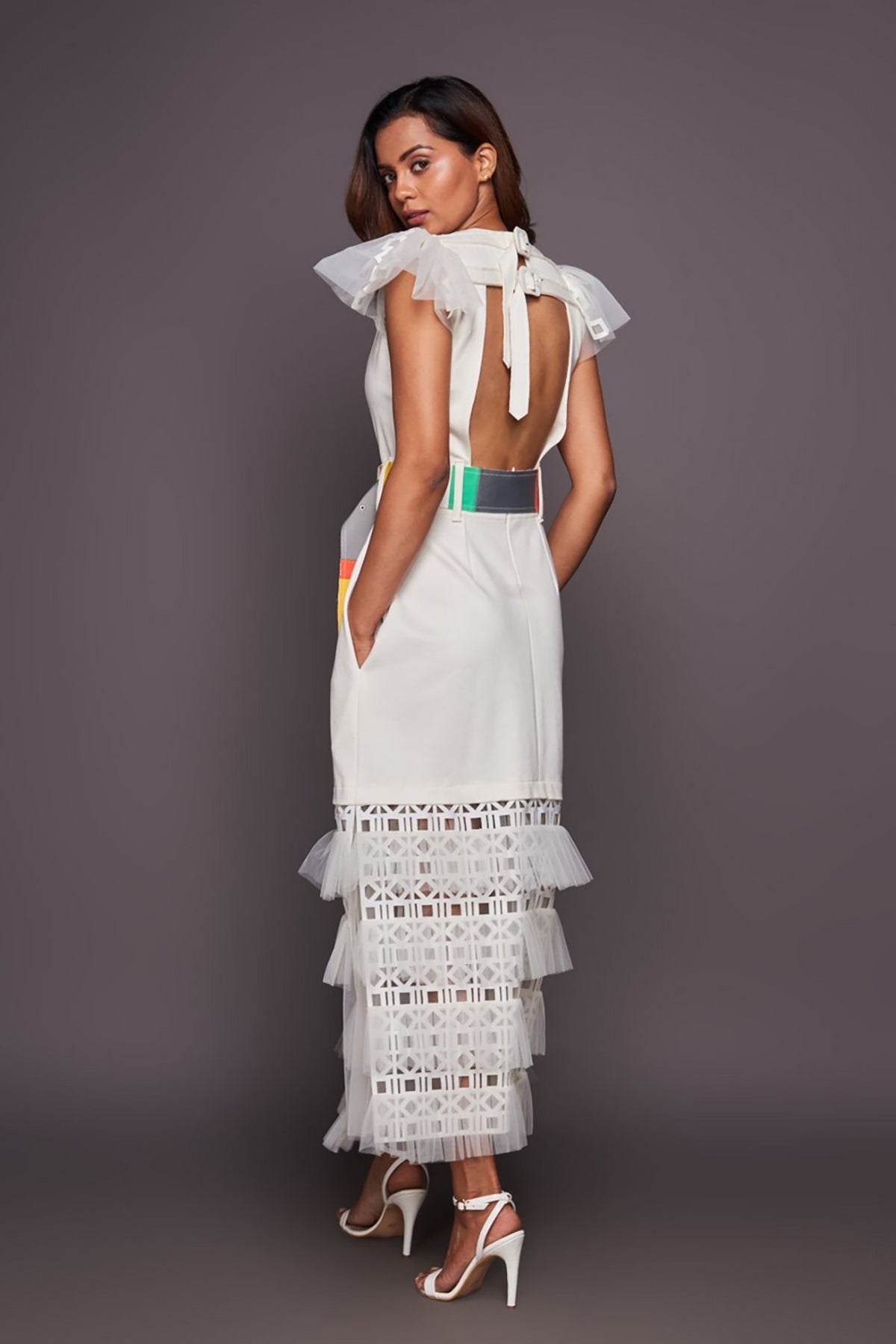 White Backless Cutwork Dress Comes With Belt