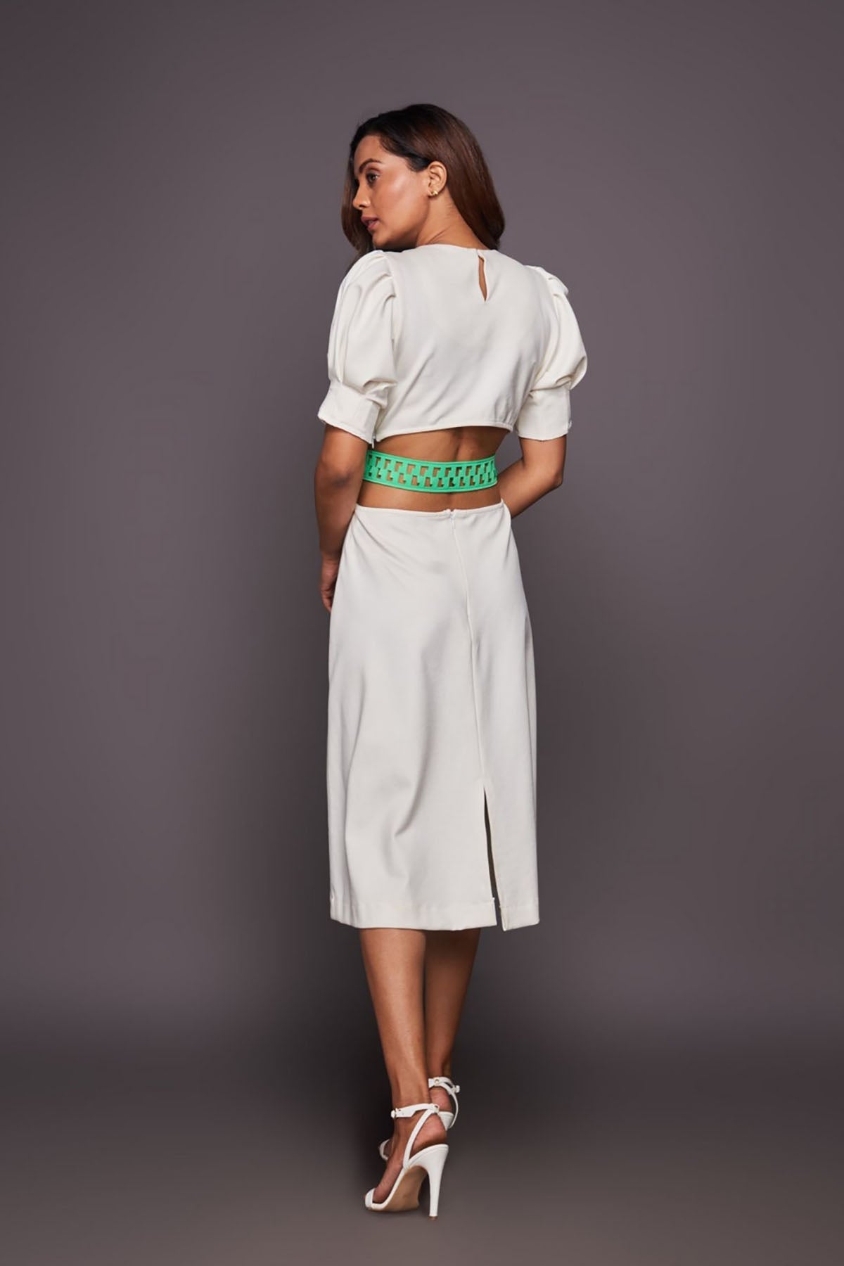 White Dress With Puff Sleeves And Side Cutouts Comes With Belt