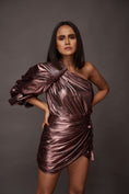 Load image into Gallery viewer, Copper One Shoulder Puffed Sleeve Metallic Foil Short Dress
