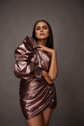 Load image into Gallery viewer, Copper One Shoulder Puffed Sleeve Metallic Foil Short Dress
