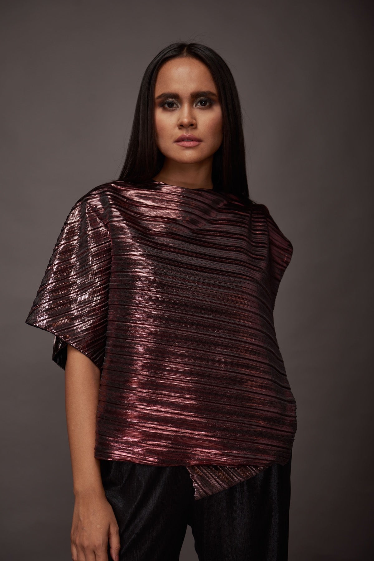 Rust Pleated Metallic Hi Low Overlap Tunic