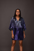 Load image into Gallery viewer, Purple Pleated Metallic Cape Style Short Dress
