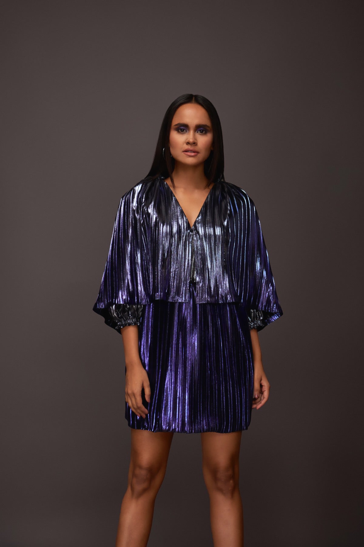 Purple Pleated Metallic Cape Style Short Dress
