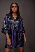 Load image into Gallery viewer, Purple Pleated Metallic Cape Style Short Dress
