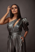 Load image into Gallery viewer, Grey One Shoulder Puffed Sleeve Metallic Foil Jumpsuit With Sash Belt
