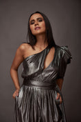 Load image into Gallery viewer, Grey One Shoulder Puffed Sleeve Metallic Foil Jumpsuit With Sash Belt
