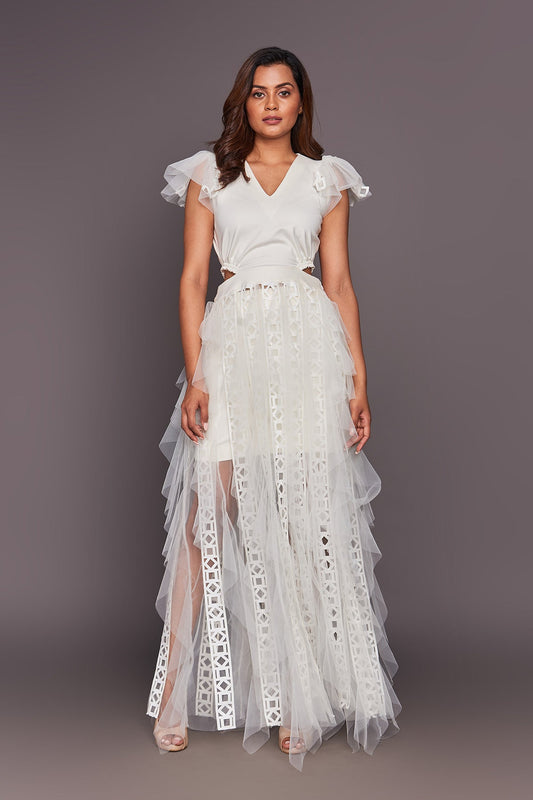 White Ruffled Dress With Cutwork And Sequin Belt