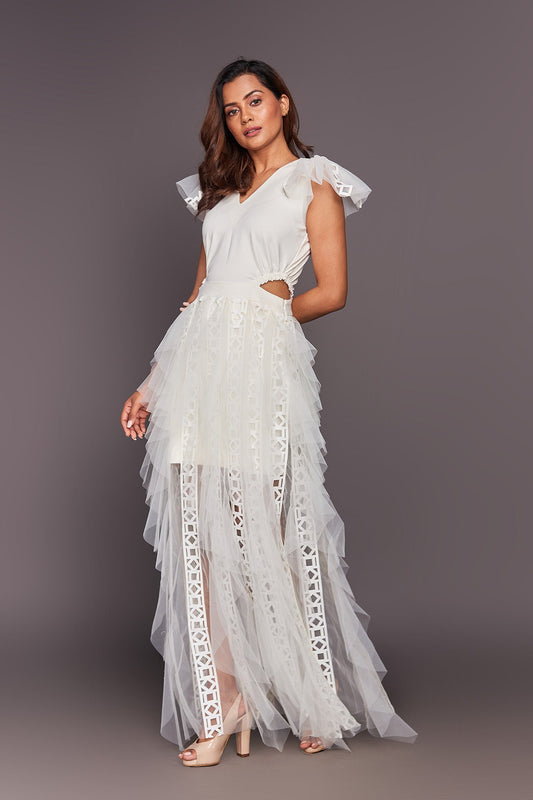 White Ruffled Dress With Cutwork And Sequin Belt