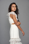 Load image into Gallery viewer, White Dress With A Cut Out At The Waist With Net Pleating And Cutwork On The Bottom
