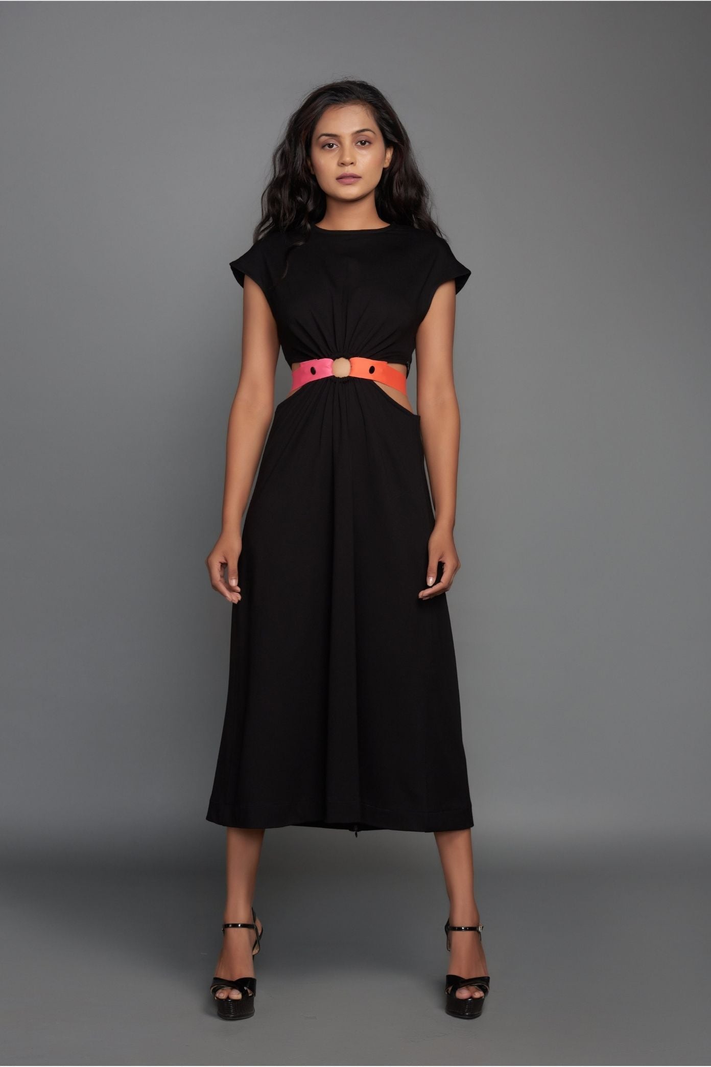 Black Midi Dress With Cut Outs At Waist And Adjustable Neon Side Straps