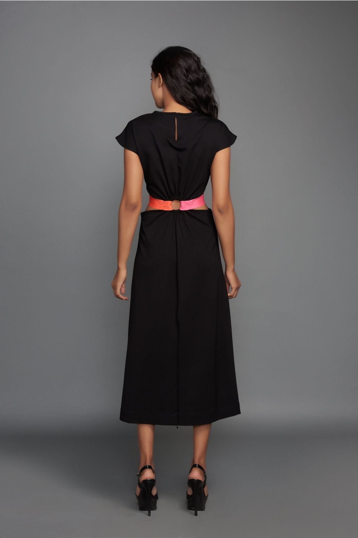 Black Midi Dress With Cut Outs At Waist And Adjustable Neon Side Straps