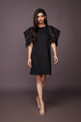 Load image into Gallery viewer, Black Shift Dress With Neon Cutwork Sleeves
