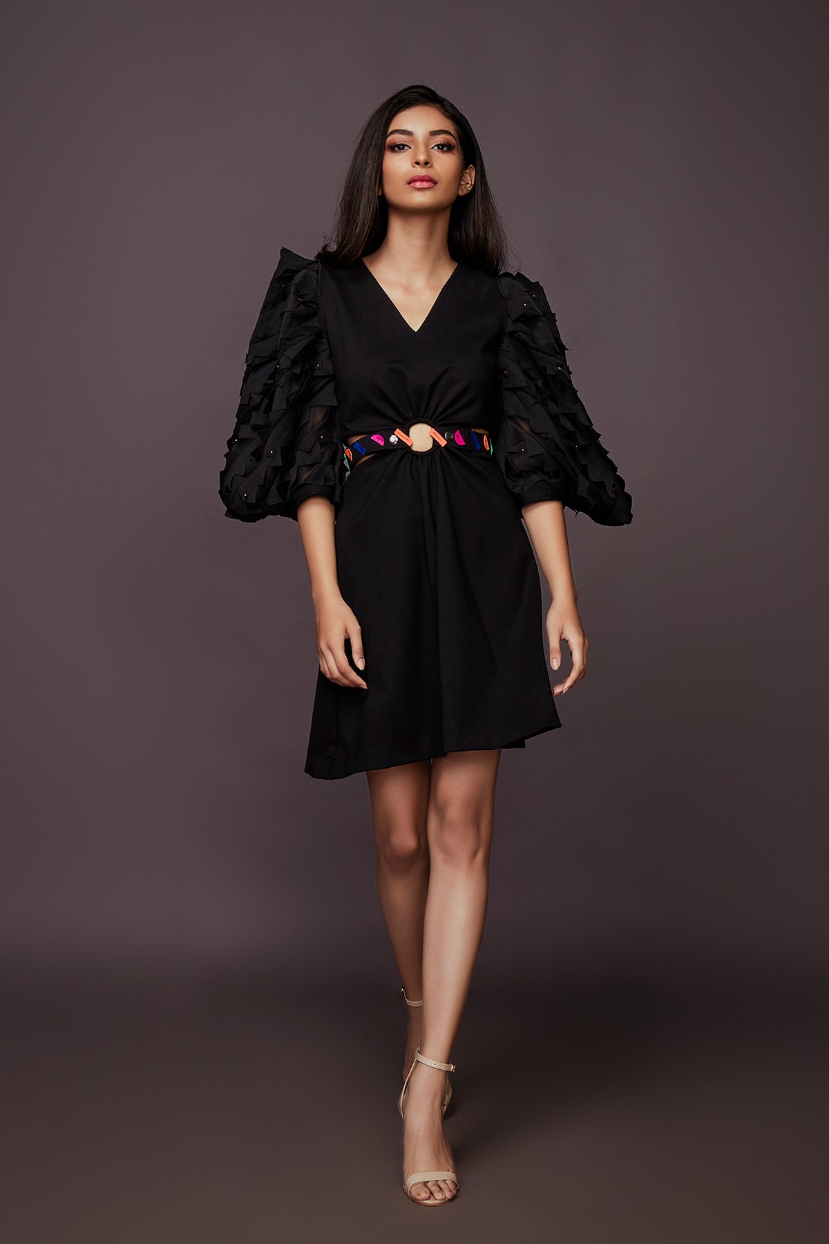 Black Dress With Embroidered Cutwork And Detachable Belt