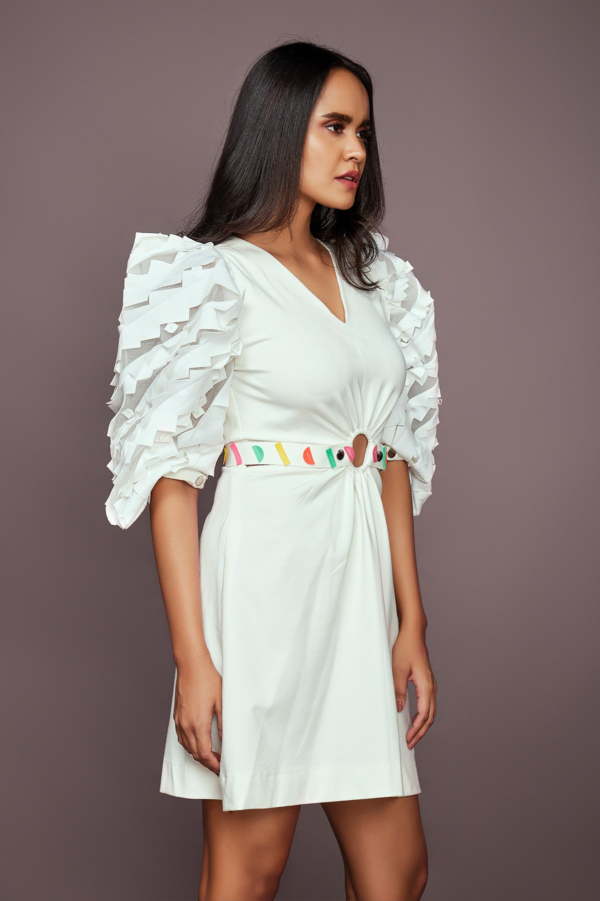 White Side Cutout Dress With Cutwork