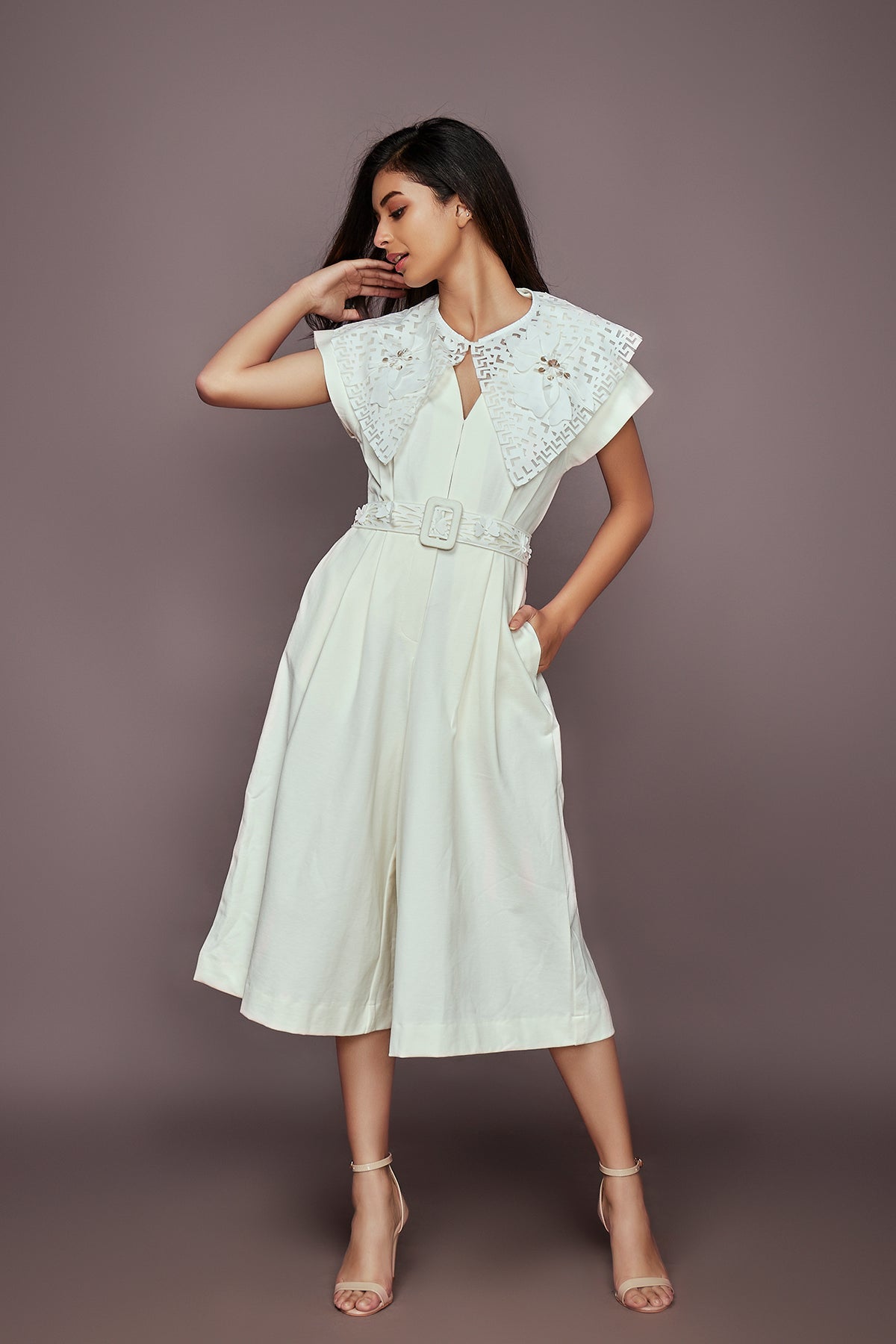 White Jumpsuit With Detachable Collar