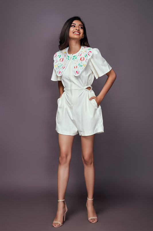 White Playsuit With Detachable Collar