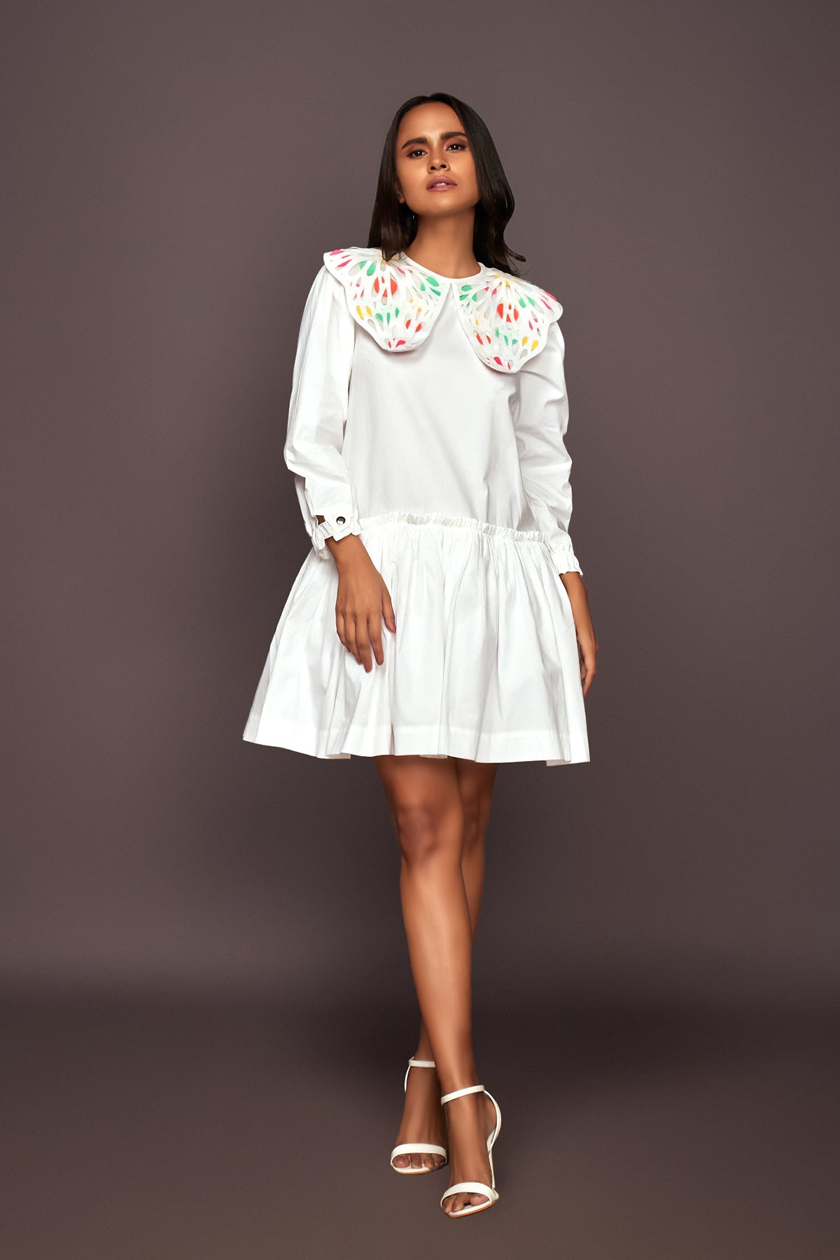 White Dress With Puff Sleeves And Frill Bottom
