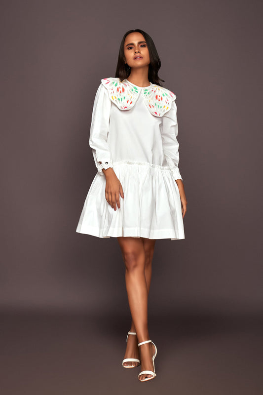 White Dress With Puff Sleeves And Frill Bottom