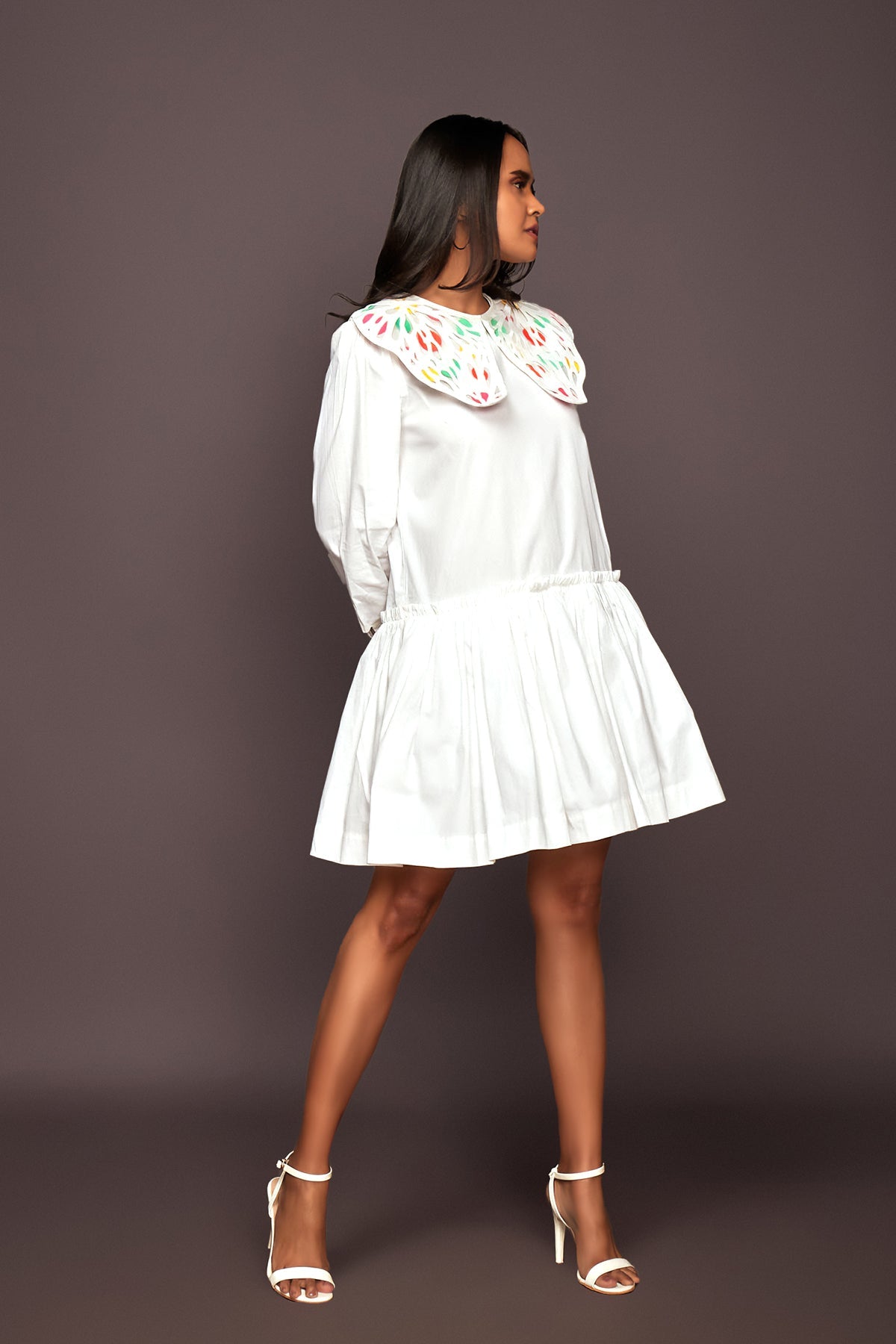 White Dress With Puff Sleeves And Frill Bottom