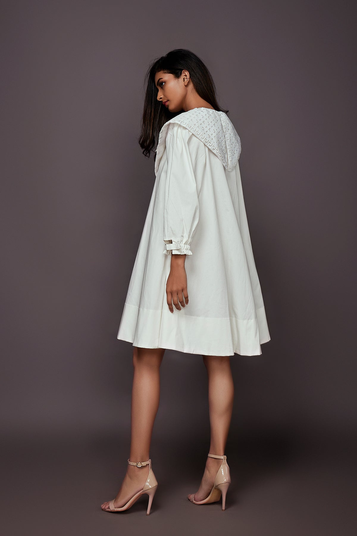 White A-Line Cotton Dress With Cutwork Collar