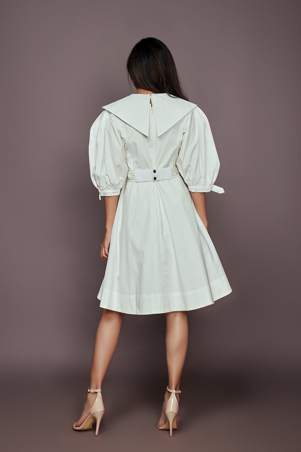 White Dress With Attached Collar And Belt
