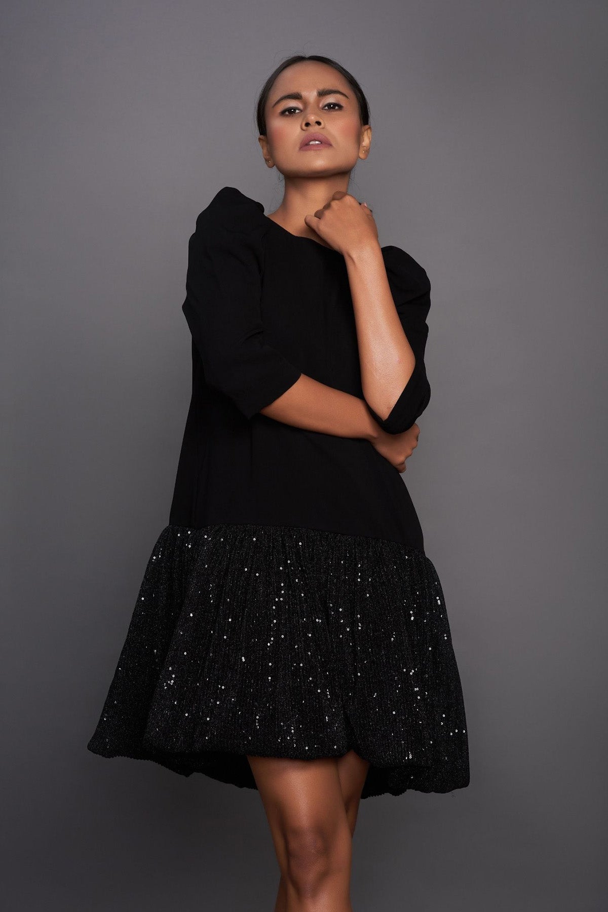 Black Dress With Sequence Gathered Bottom