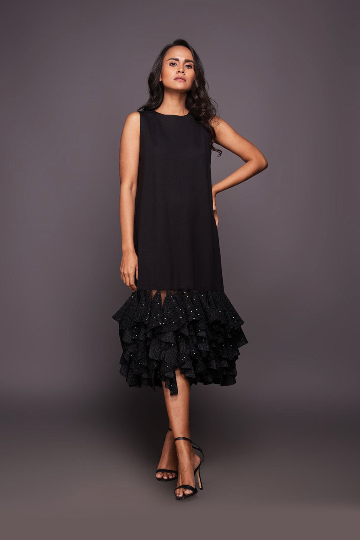 Black Shift Dress With Sequin Ruffled Bottom