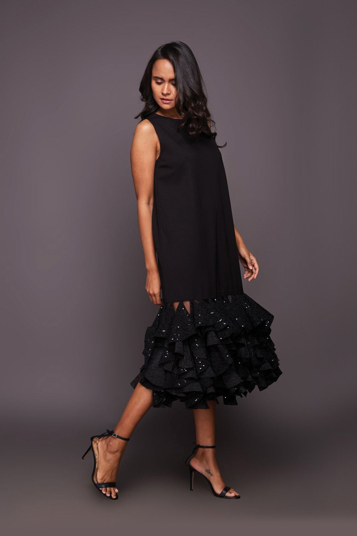 Black Shift Dress With Sequin Ruffled Bottom