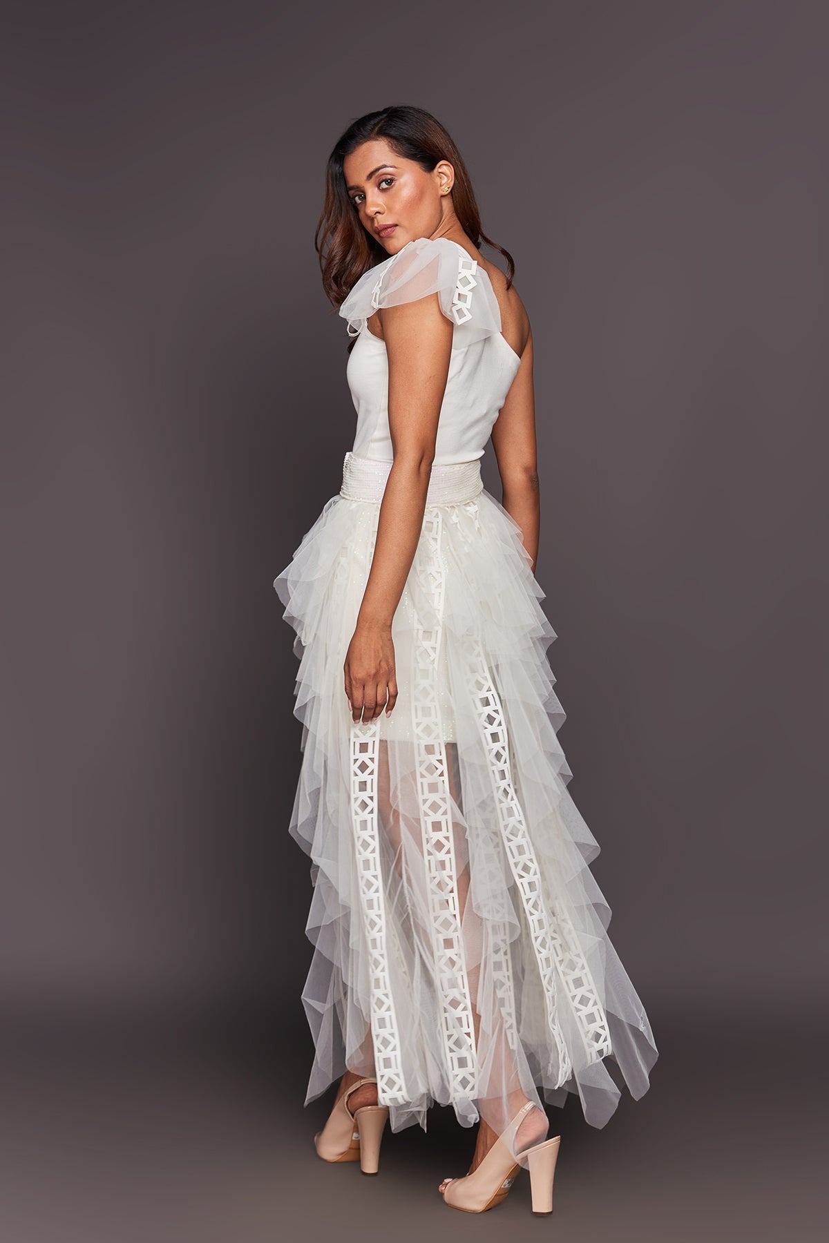 White One Shoulder Ruffled Dress With Sequin Belt