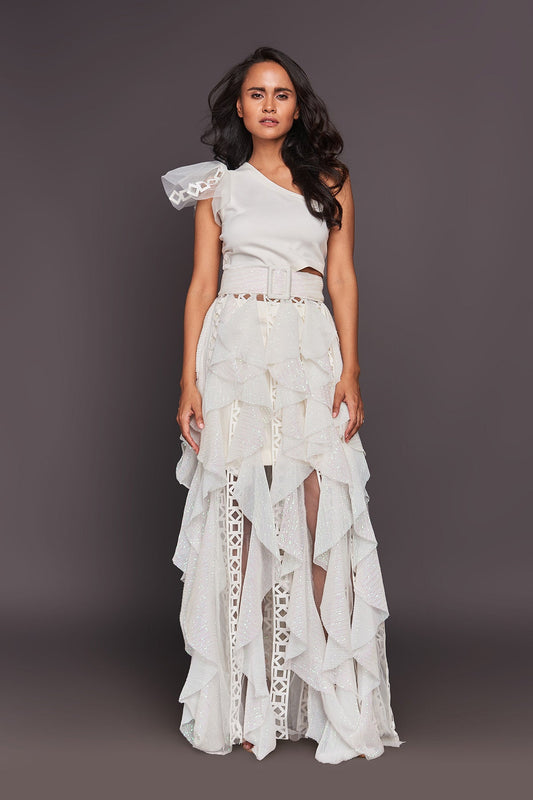 White One Shoulder Sequined Ruffled Dress With Sequin Belt