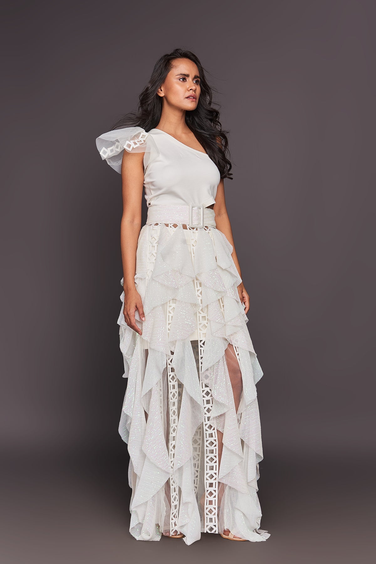 White One Shoulder Sequined Ruffled Dress With Sequin Belt