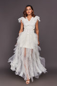 Load image into Gallery viewer, White V Neck Ruffled Dress With Cutwork And Sequin Belt
