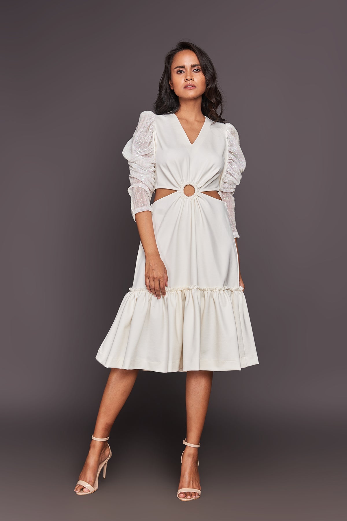 White Side Cutout Dress With Sequin Sleeves