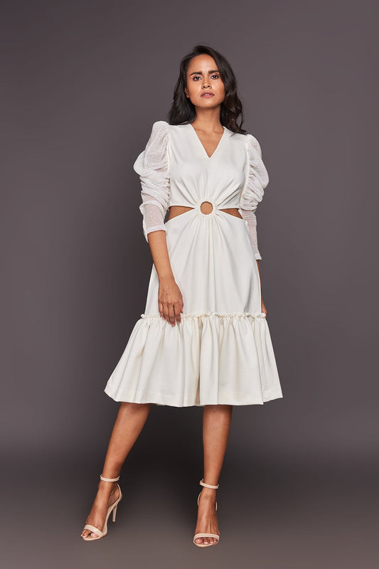 White Side Cutout Dress With Sequin Sleeves