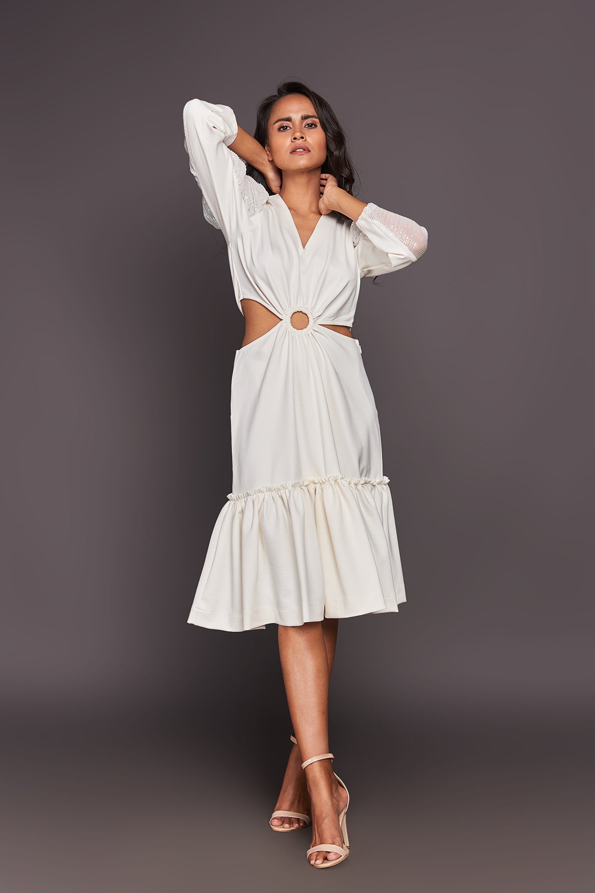 White Side Cutout Dress With Sequin Sleeves