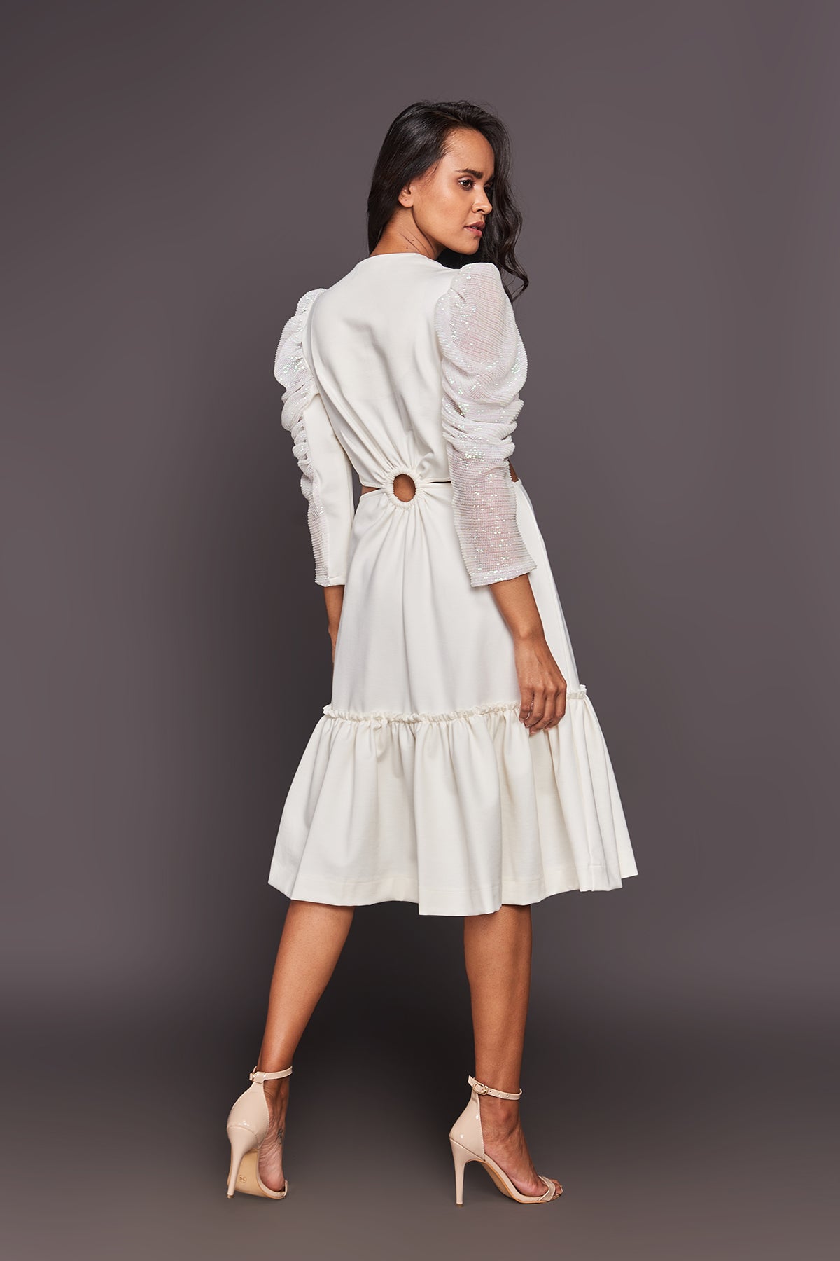 White Side Cutout Dress With Sequin Sleeves