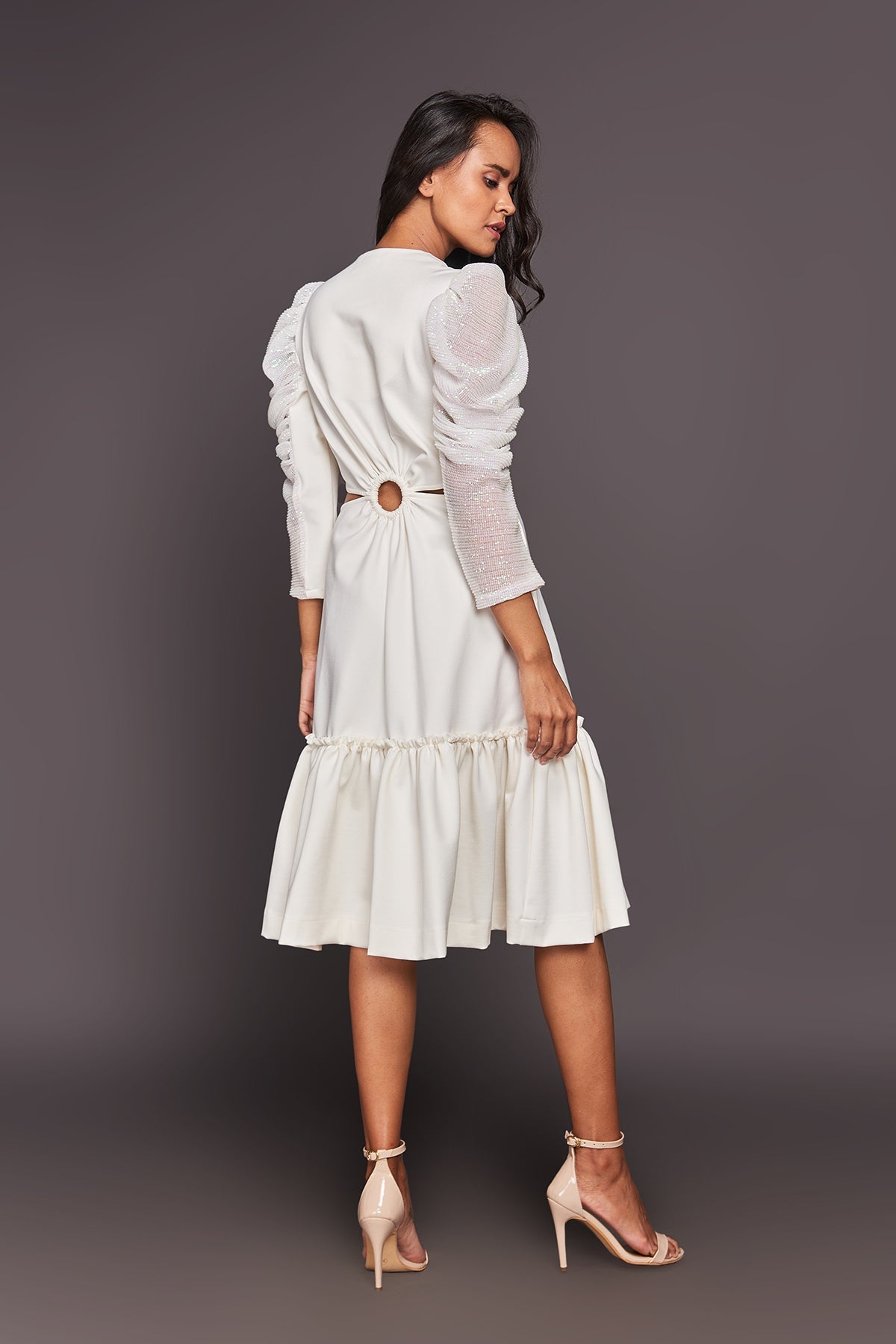 White Side Cutout Dress With Sequin Sleeves