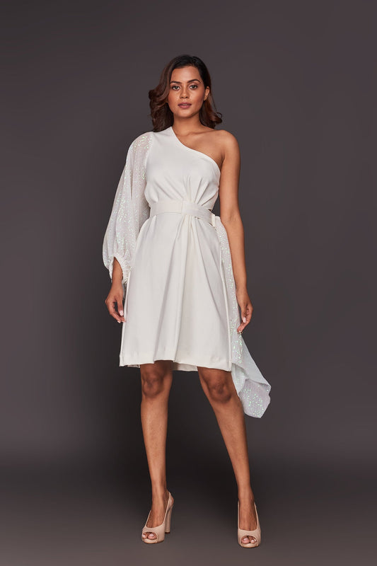 White One Shoulder Dress With Sequin Sash Belt