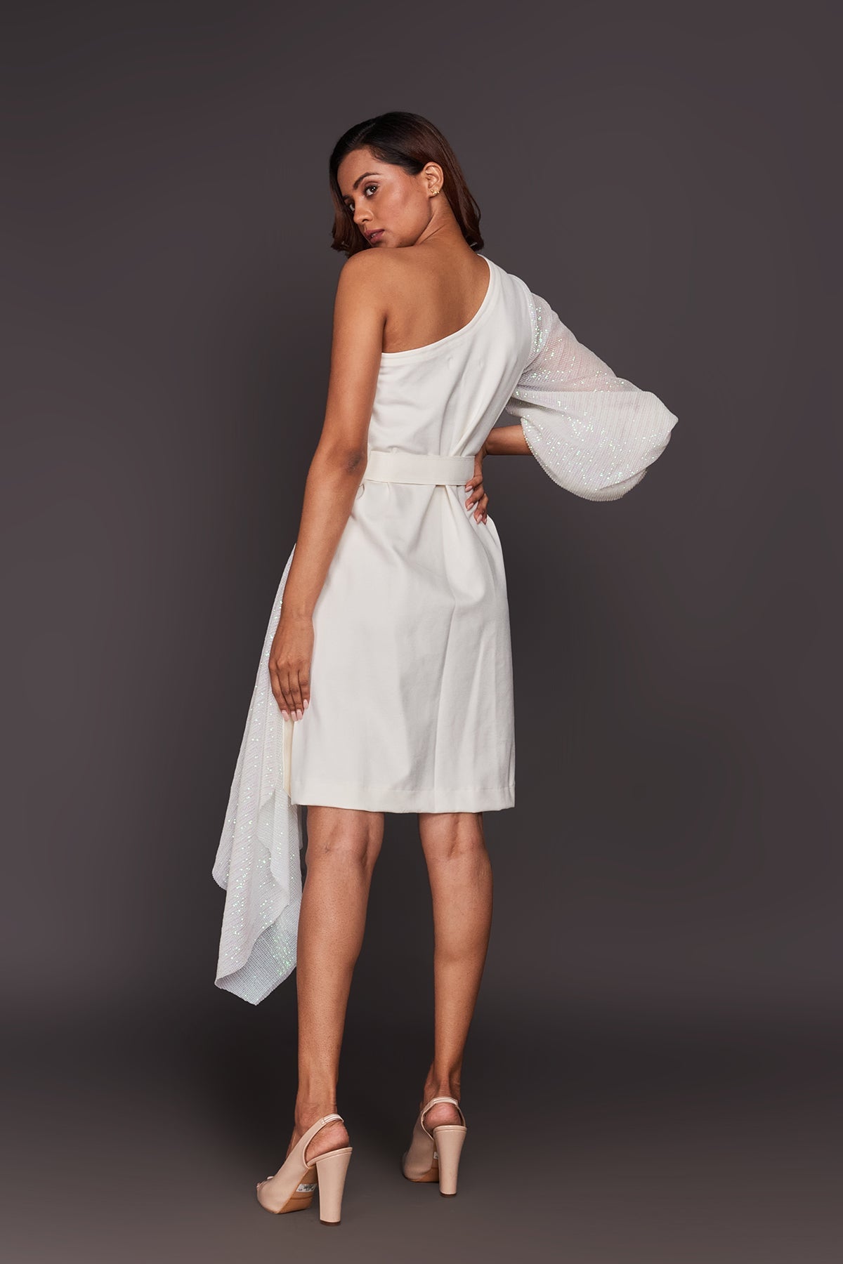 White One Shoulder Dress With Sequin Sash Belt