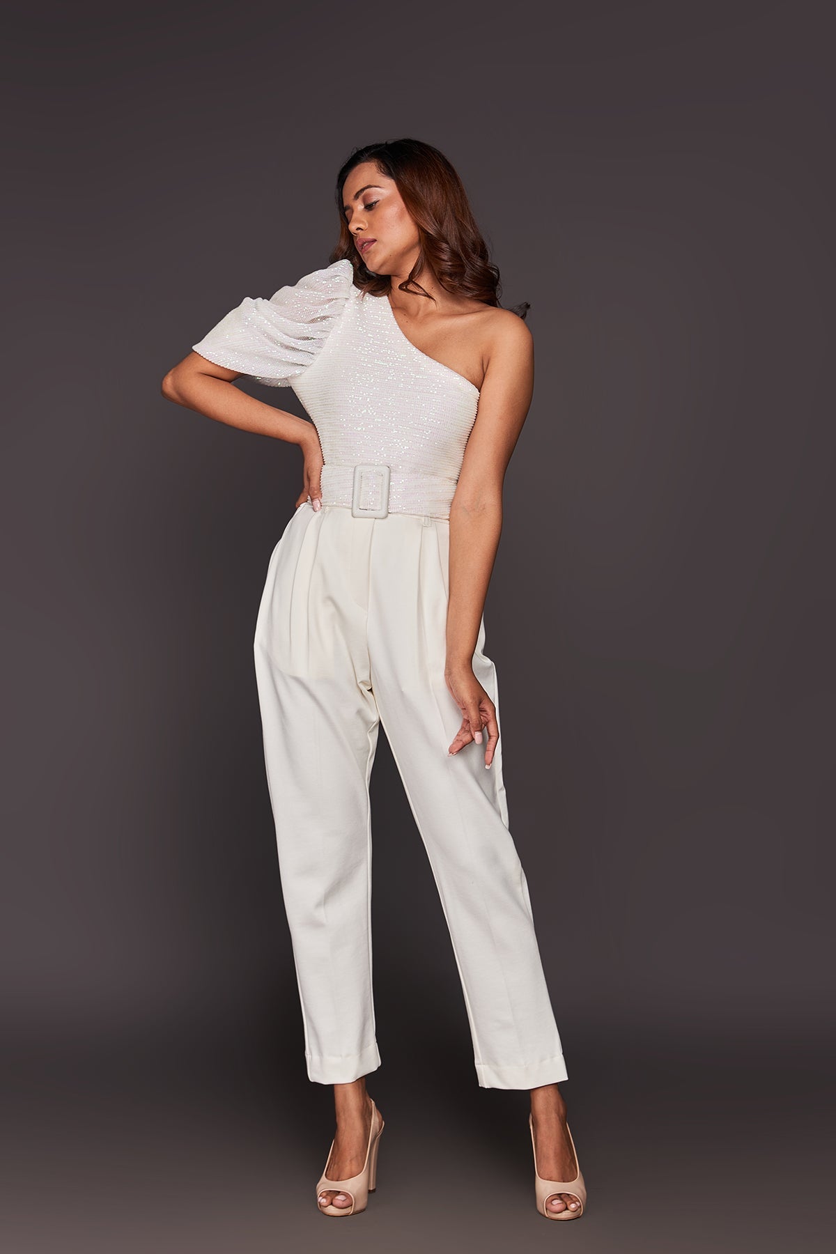 White One Shoulder Bodysuit With Straight Pants