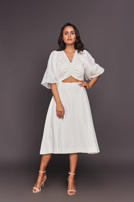 White Front Cutout Sequin Puff Sleeves Midi Dress