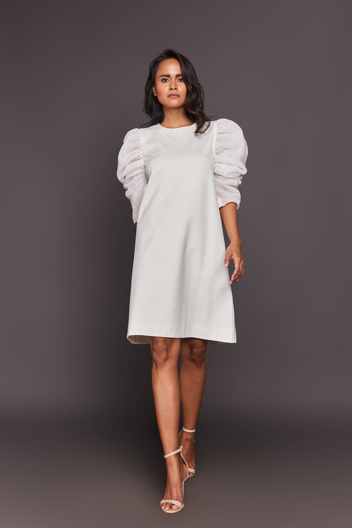 White Sequin Sleeves Shift Dress