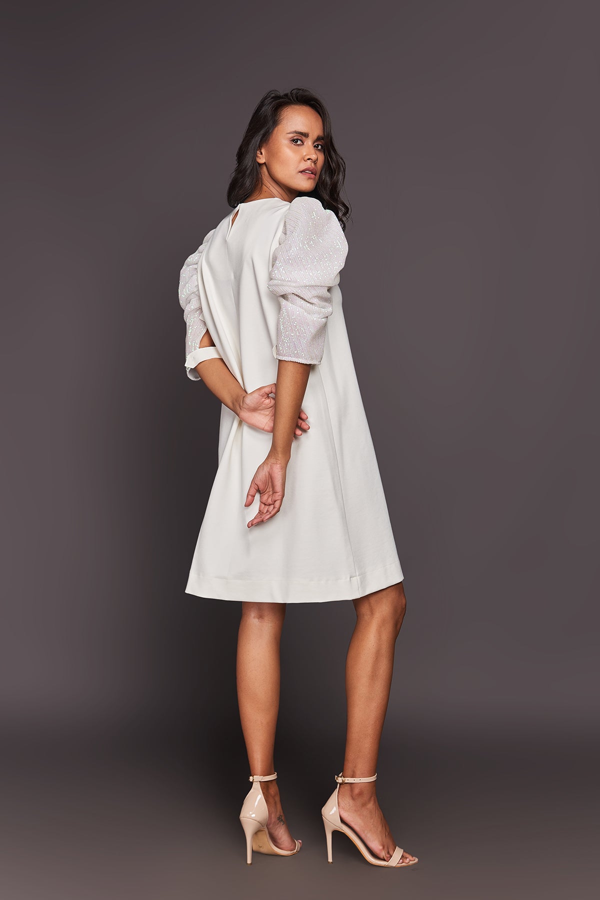 White Sequin Sleeves Shift Dress