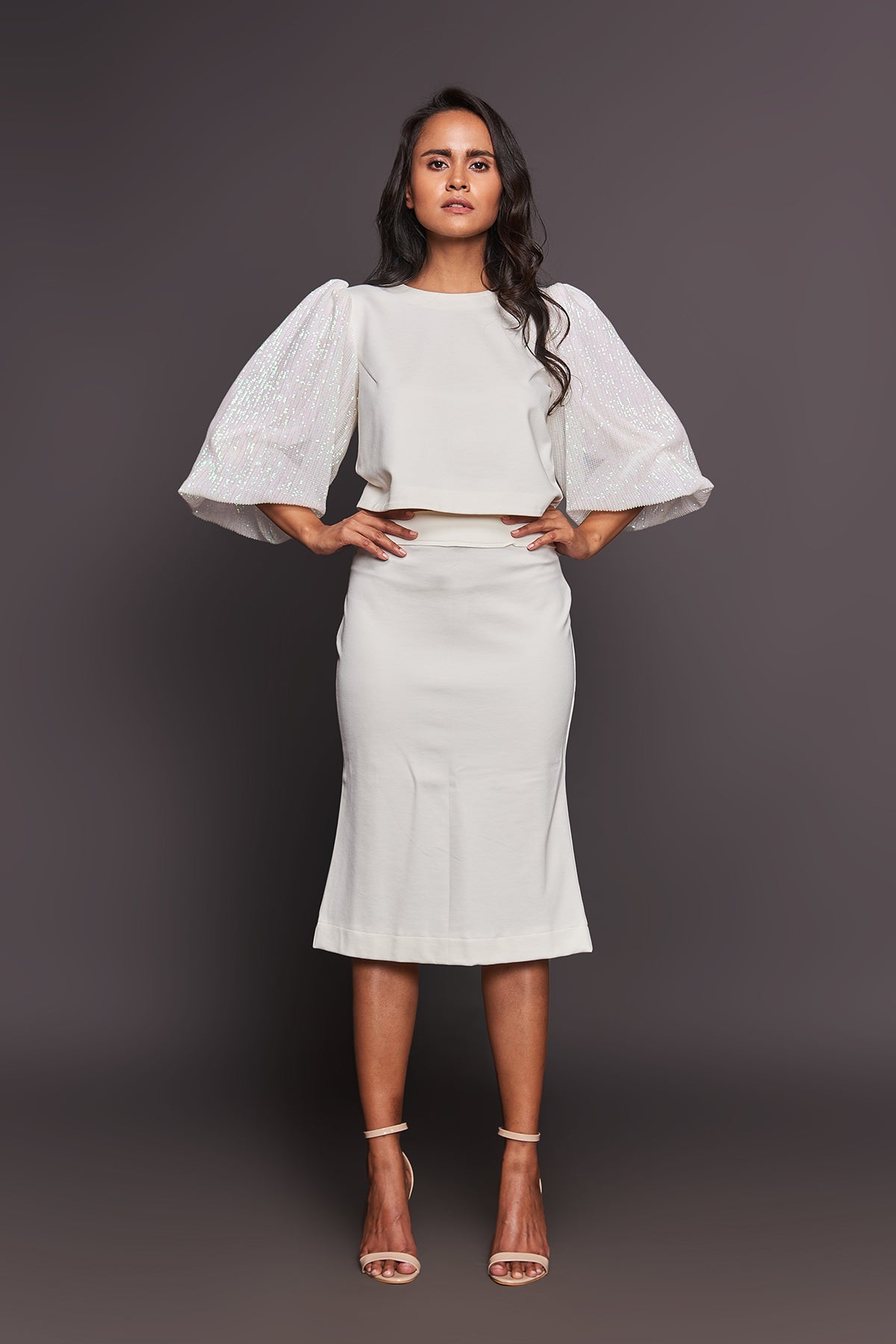 White Sequined Sleeves Crop Top With Skirt
