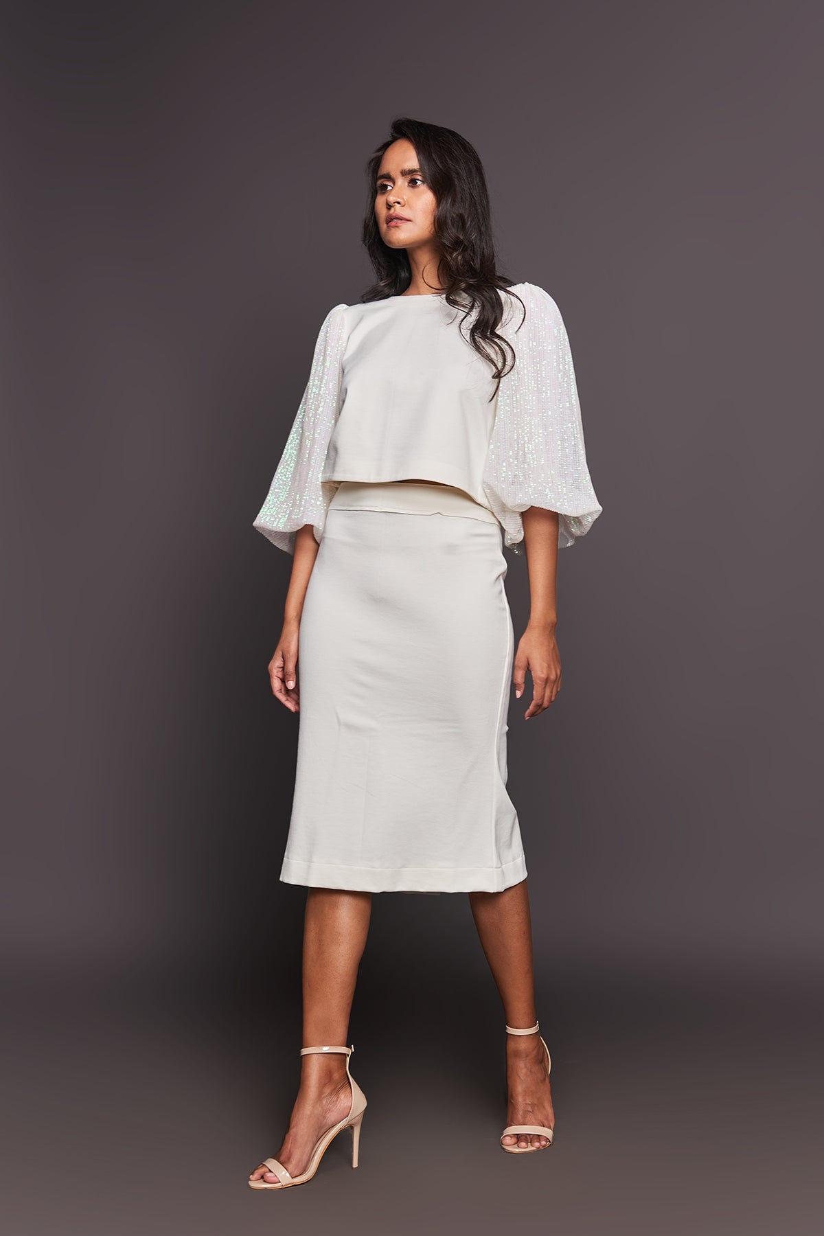 White Sequined Sleeves Crop Top With Skirt