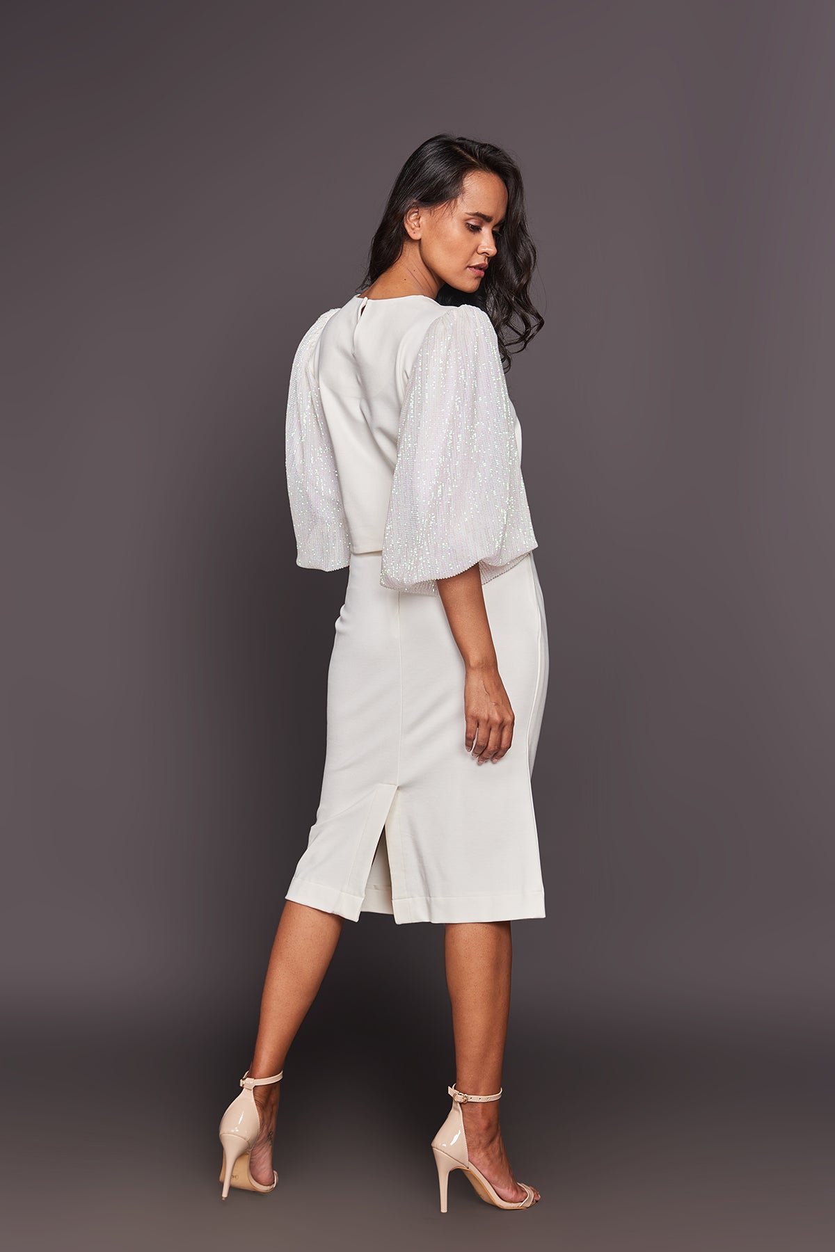 White Sequined Sleeves Crop Top With Skirt