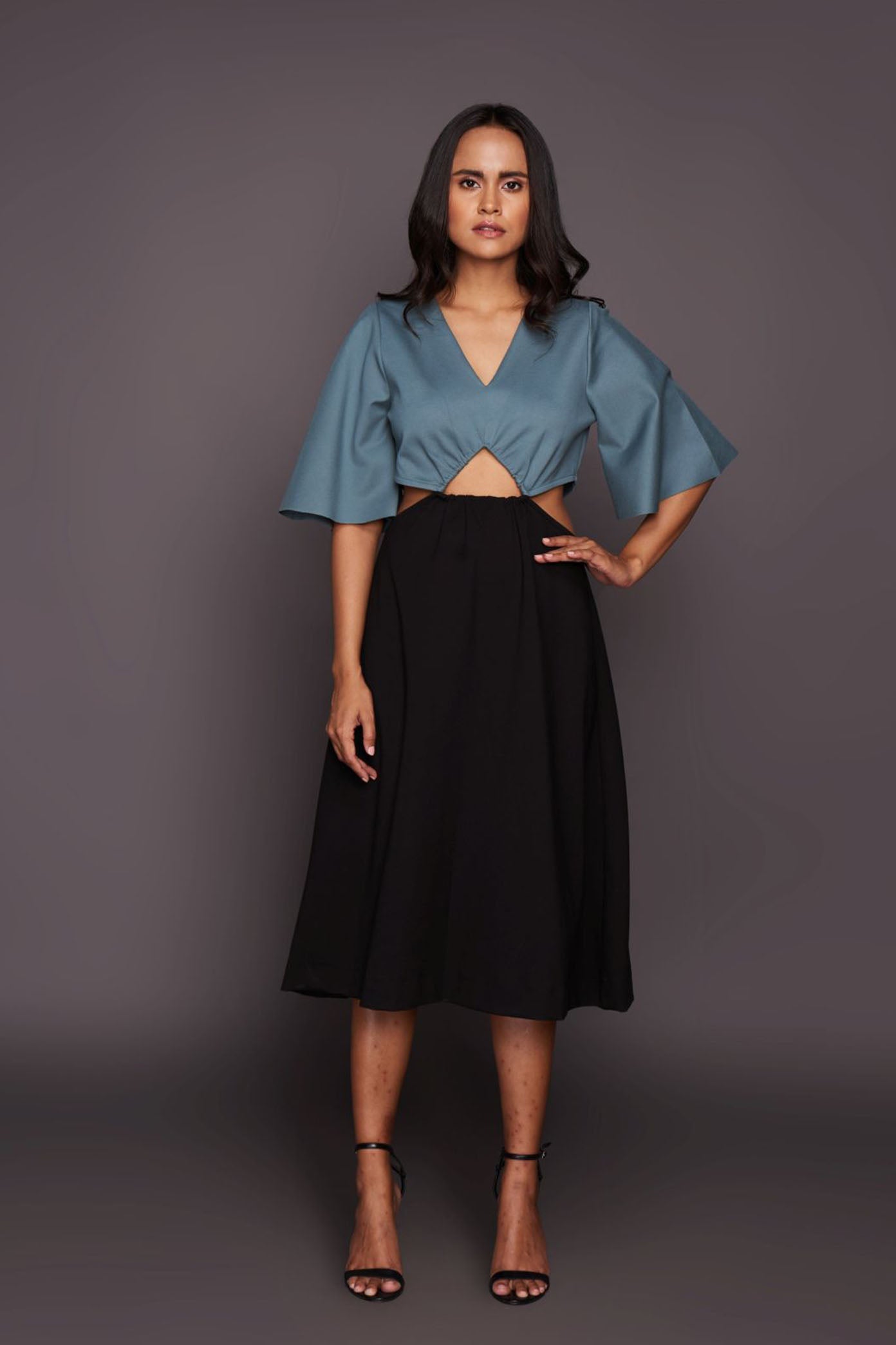 Black & Teal Midi Length Dress