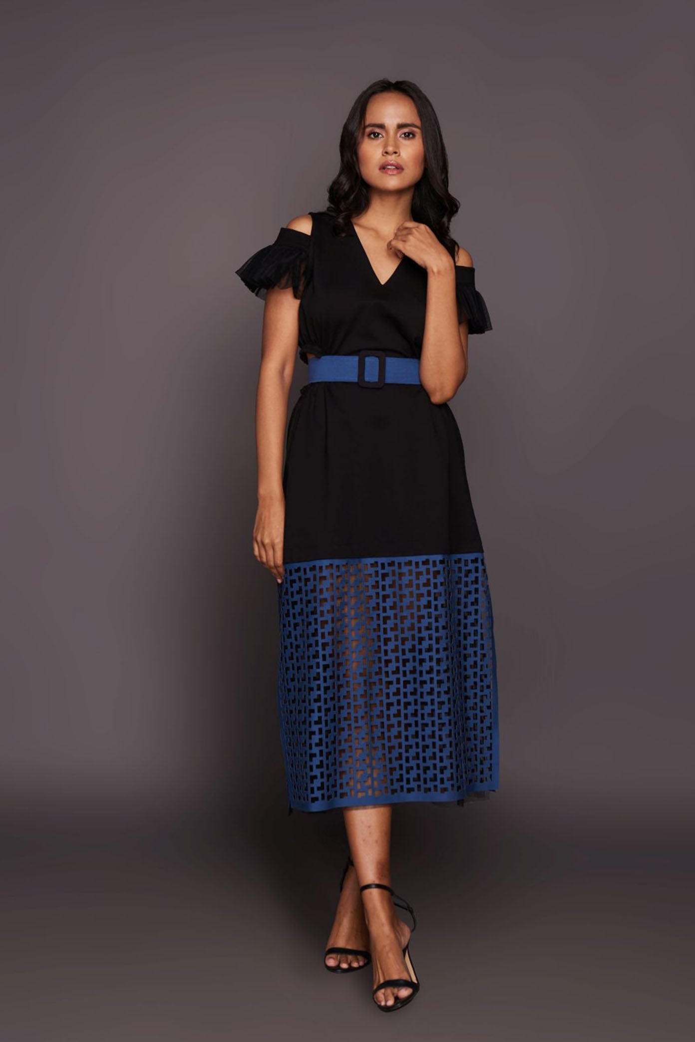 Black & Blue Cold Shoulder Dress With Cutwork