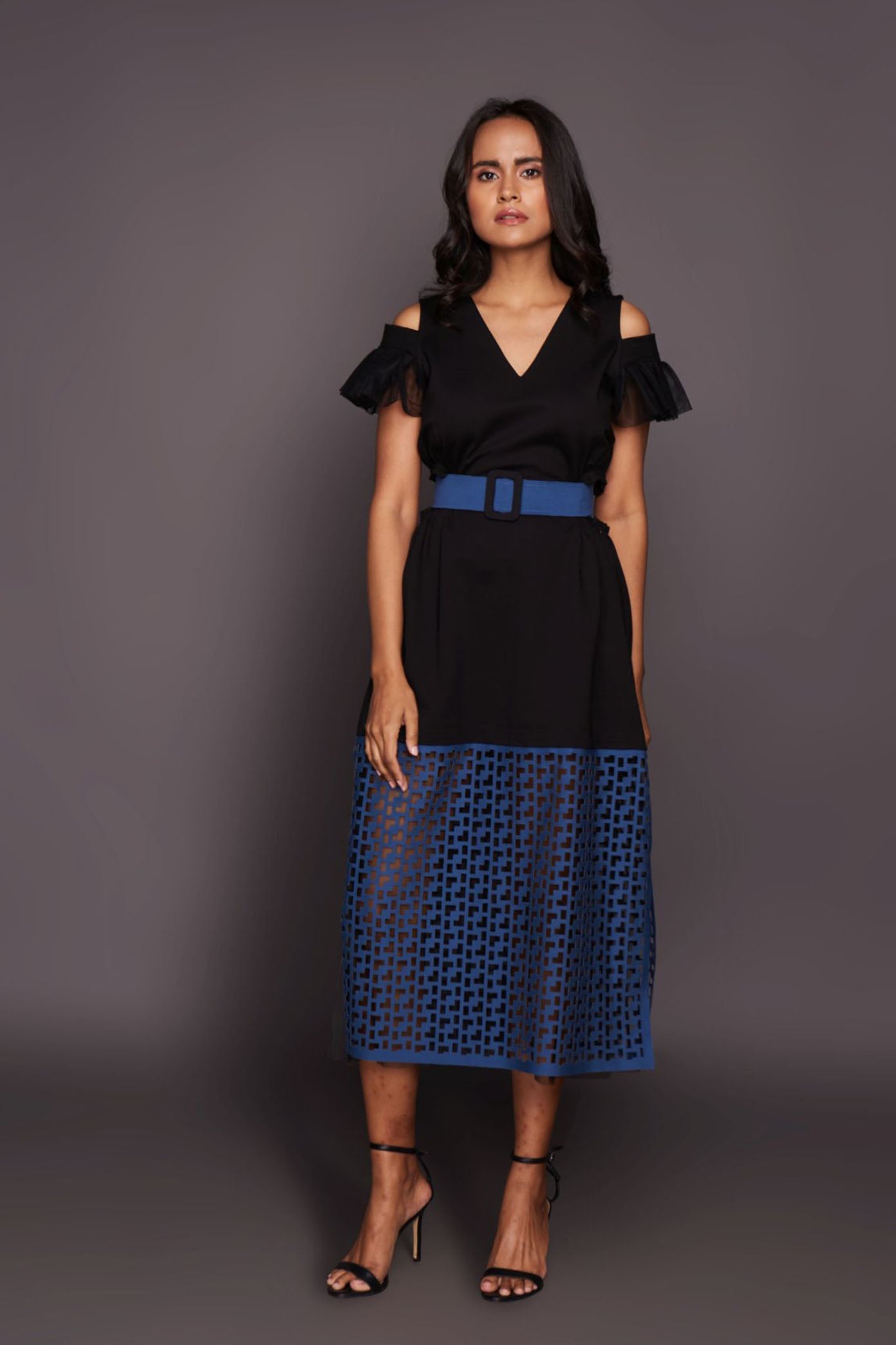 Black & Blue Cold Shoulder Dress With Cutwork